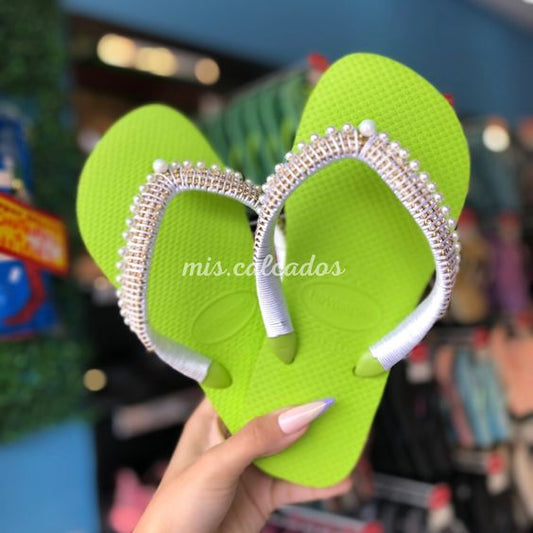 Chinelo Havaianas Top Verde Limao Personalizada Perolas