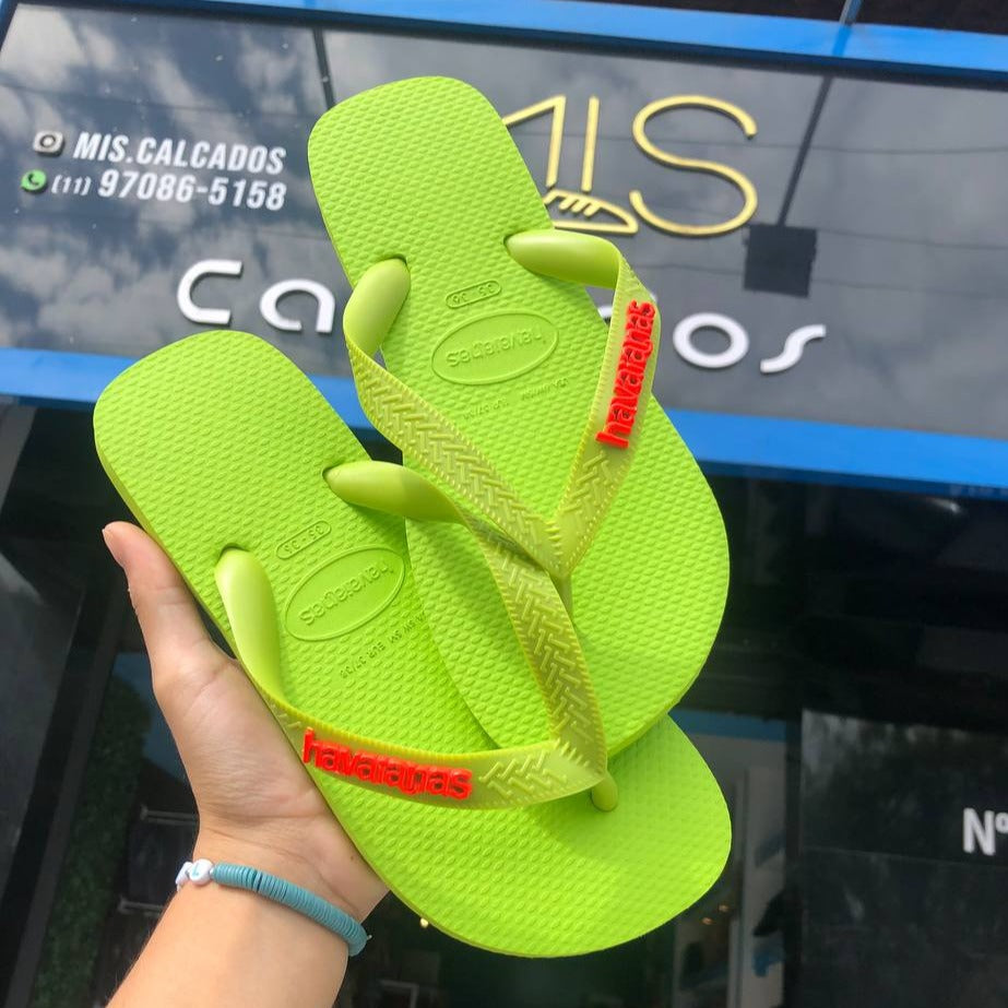 Havaianas Top Verde Logo Laranja neon