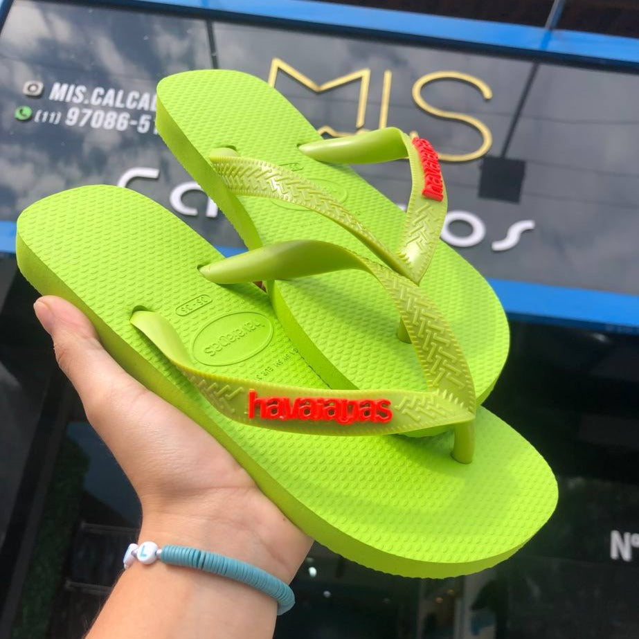 Havaianas Top Verde Logo Laranja neon