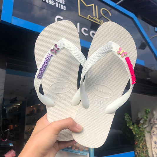 Chinelo Havaianas Top Branca + Logo Metalico + Borboleta